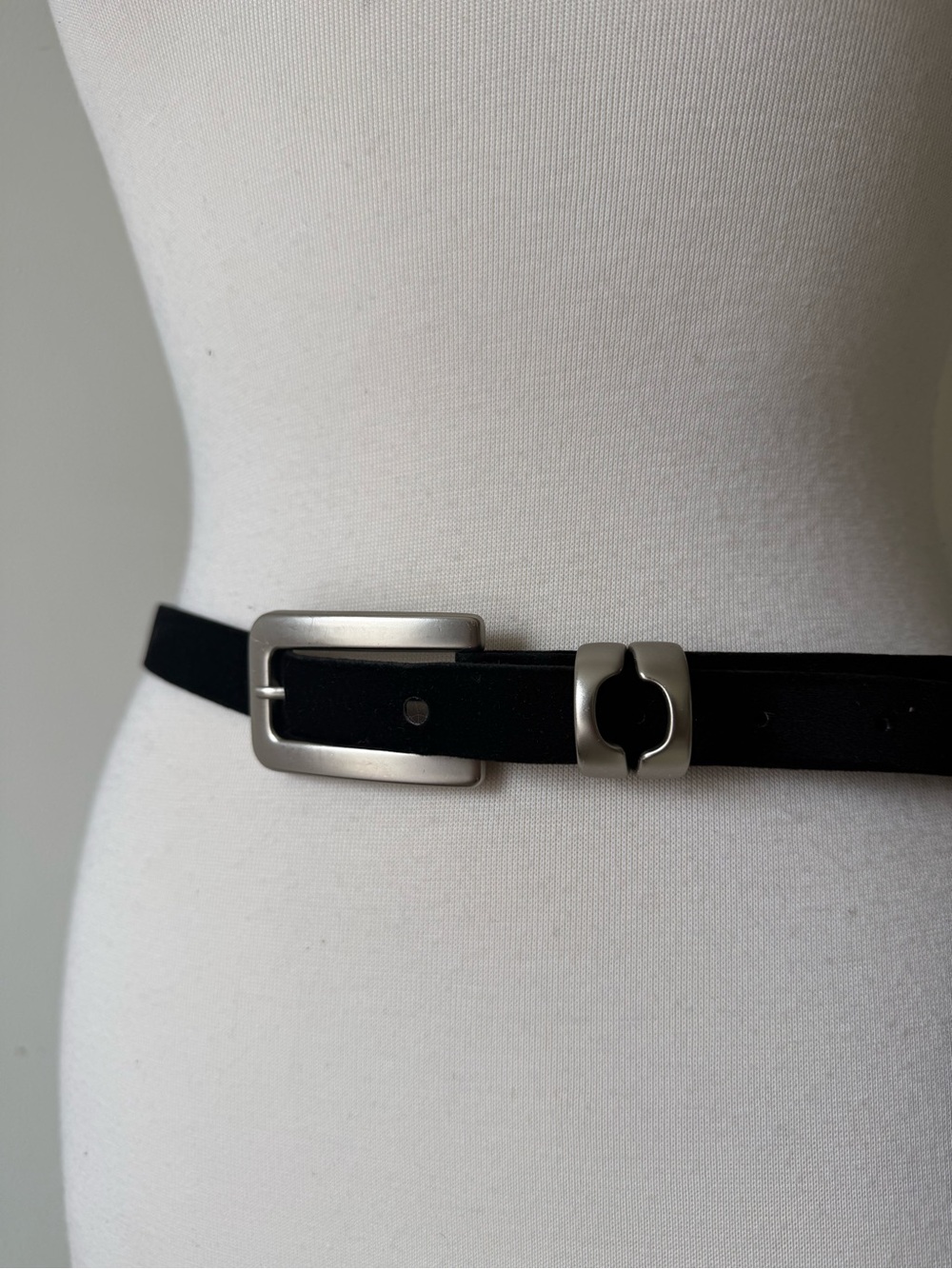 Y2K Black Velvet Skinny Belt | Silver Buckle | High Waist - Picture 2 of 5